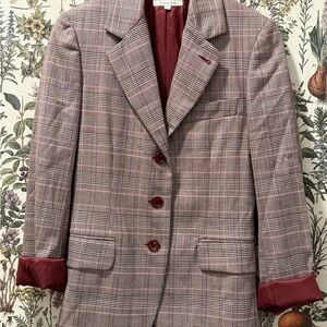 Plaid Women's Blazer with Burgundy Accents